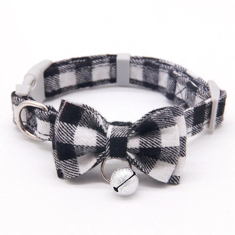 Plaid cotton cat bell collar with butterfly bow tie and hand-holding rope in blue and green colours