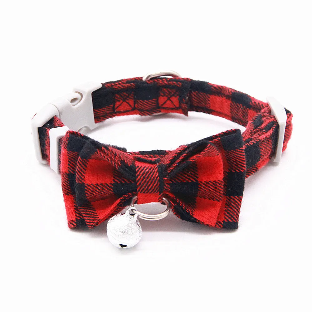 Plaid cotton cat bell collar with butterfly bow tie and hand-holding rope in blue and green colours