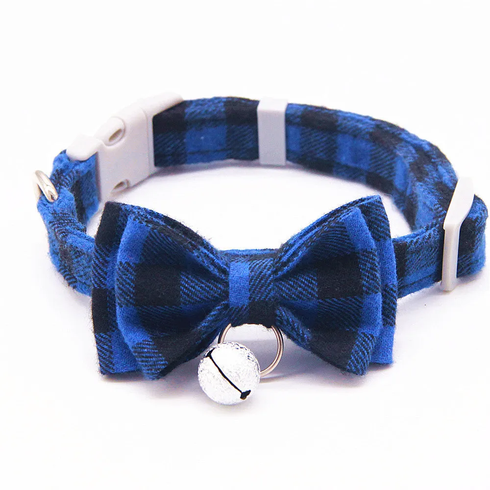 Plaid cotton cat bell collar with butterfly bow tie and hand-holding rope in blue and green colours