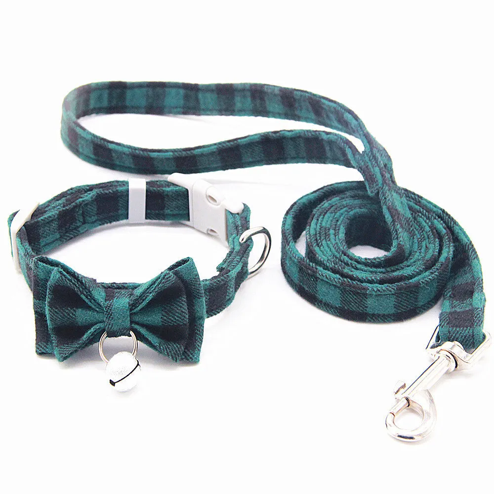 Plaid cotton cat bell collar with butterfly bow tie and hand-holding rope in blue and green colours
