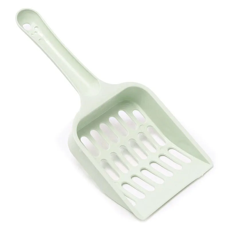Plastic cat litter scoop in blue, green or pink colours showing 20cm length