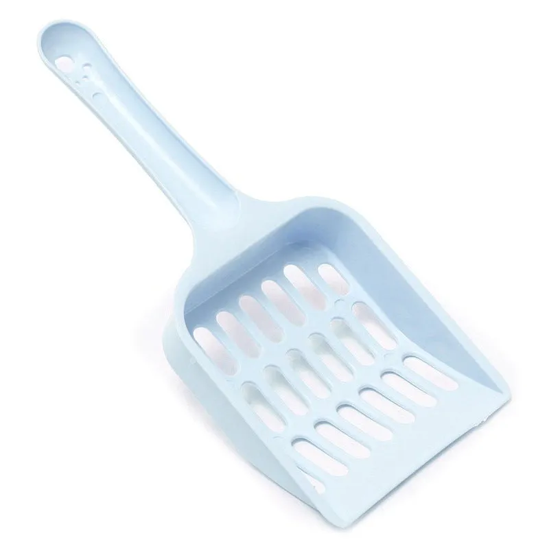 Plastic cat litter scoop in blue, green or pink colours showing 20cm length