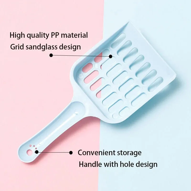 Plastic cat litter scoop in blue, green or pink colours showing 20cm length