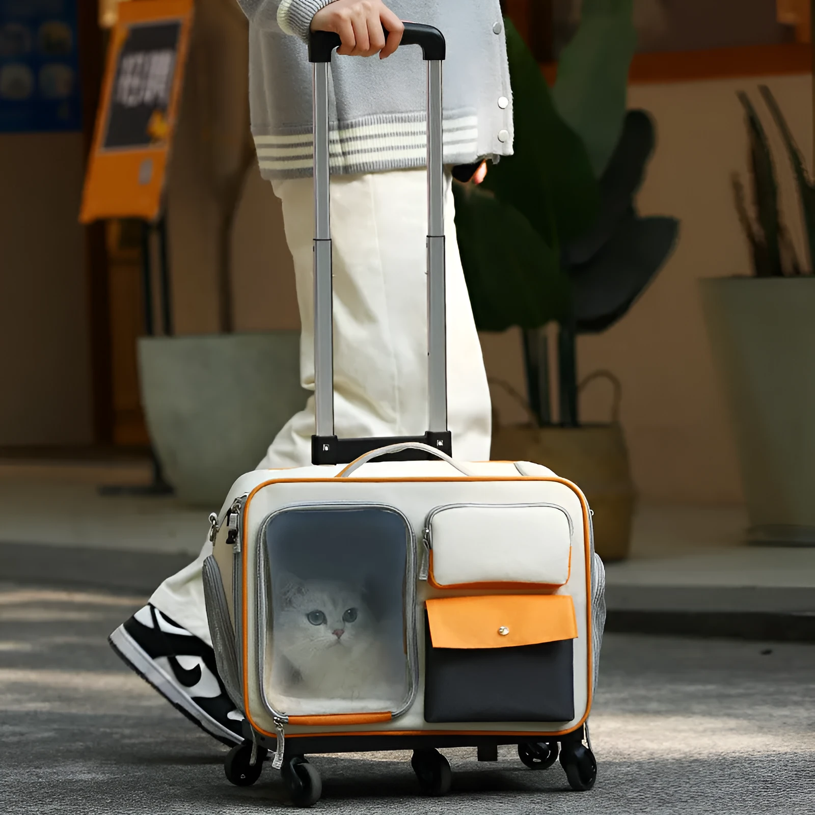 32L Oxford fabric pet trolley cat backpack with wheels in solid colour