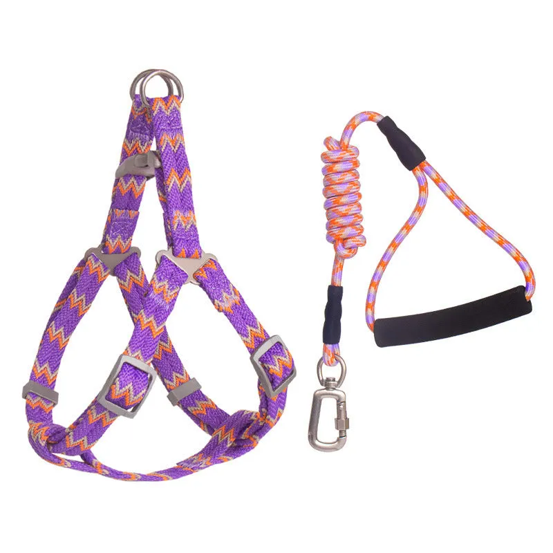 Pet climbing harness in blue nylon with foam handle and circular rope, laid flat