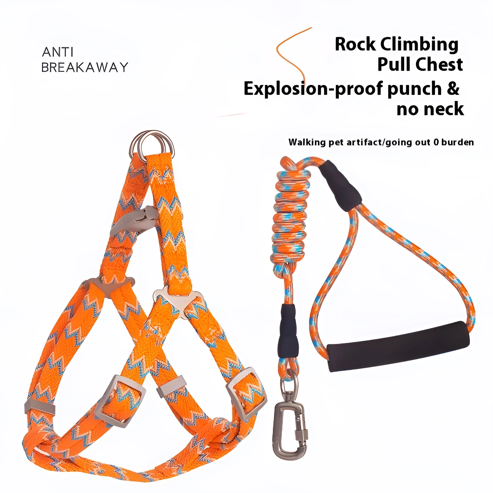 Pet climbing harness in blue nylon with foam handle and circular rope, laid flat