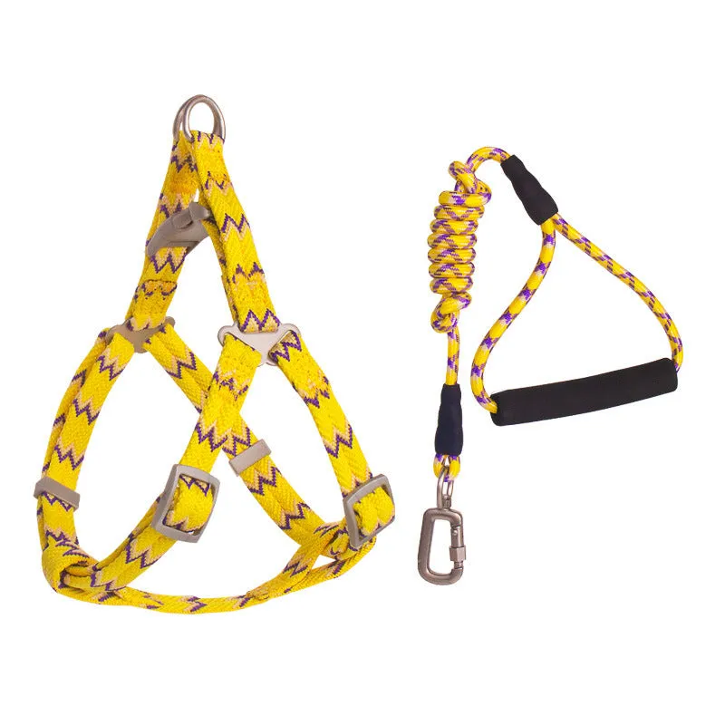 Pet climbing harness in blue nylon with foam handle and circular rope, laid flat