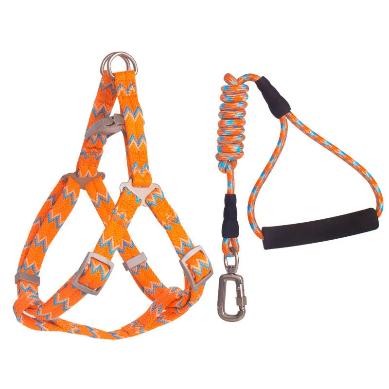 Pet climbing harness in blue nylon with foam handle and circular rope, laid flat
