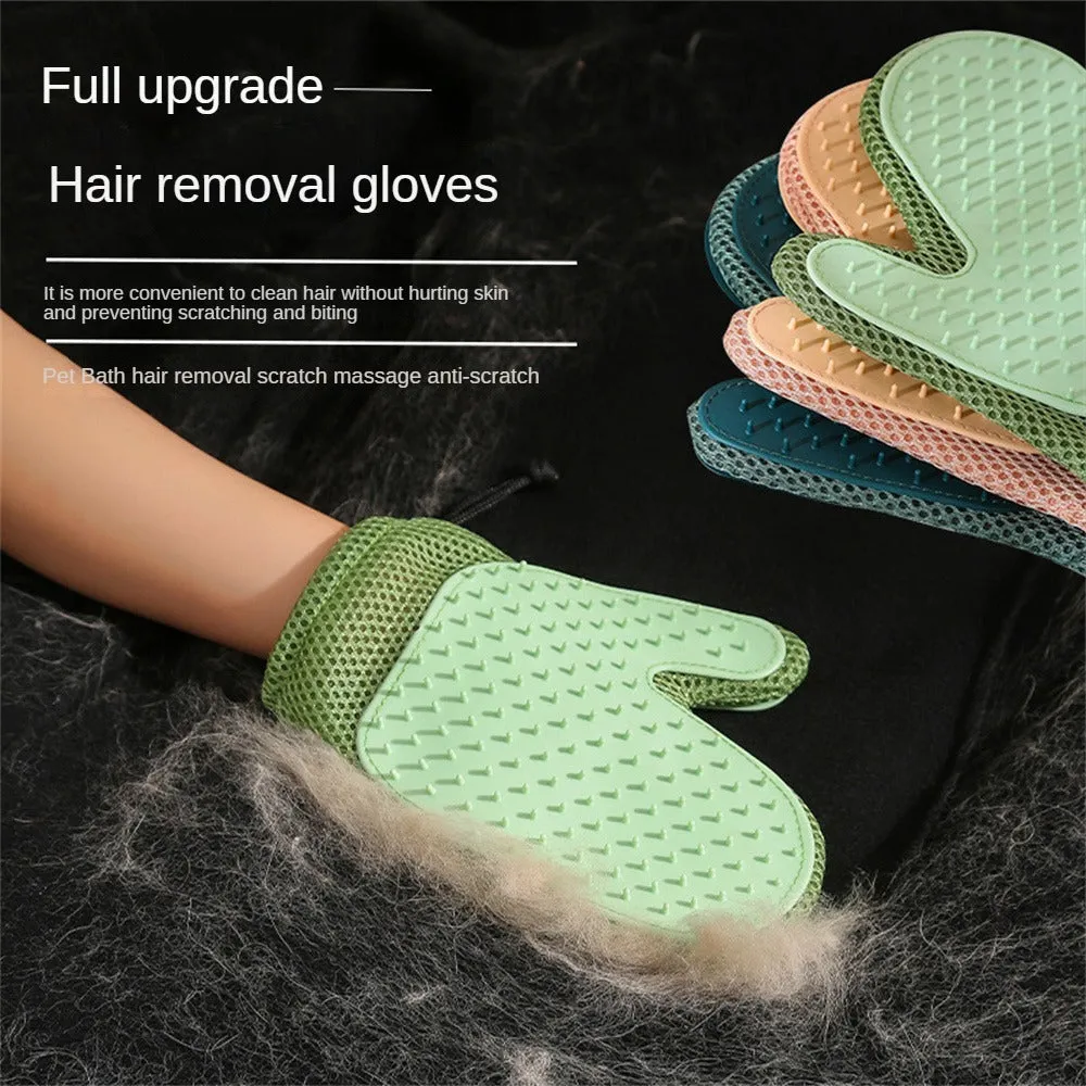 Dark blue pet hair removal glove for cats and dogs on a fabric background