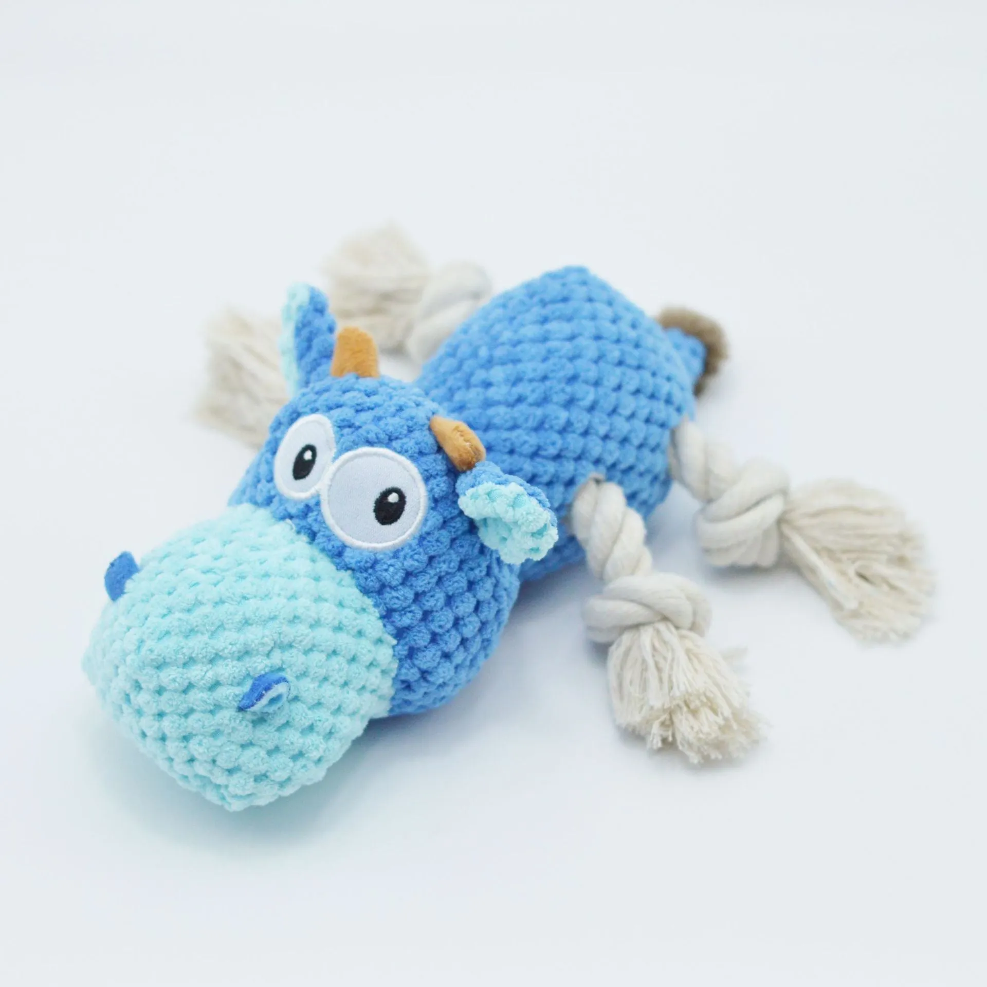 Blue plush dog toy with reinforced seams for aggressive chewers, designed for large breeds like Labrador Retrievers