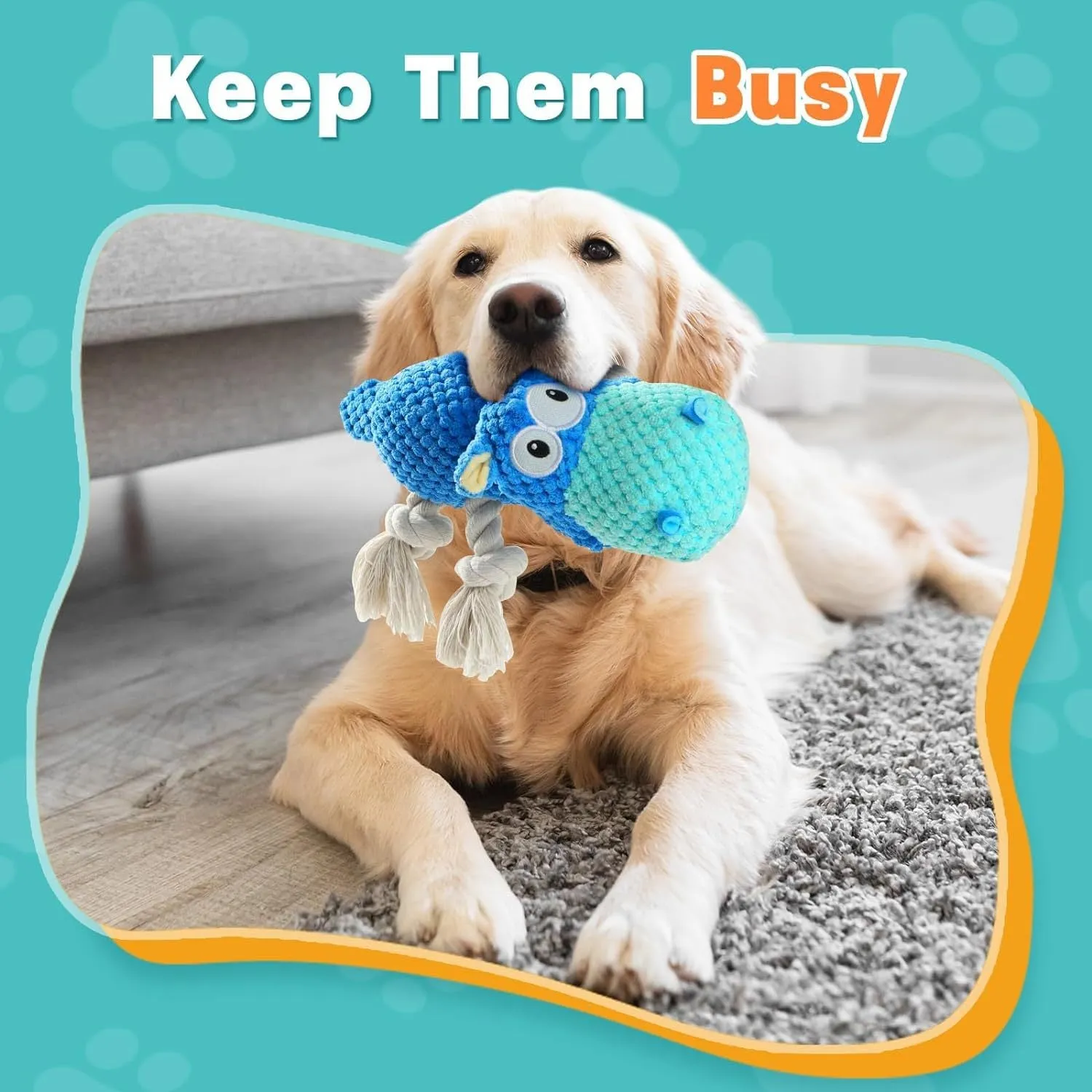 Blue plush dog toy with reinforced seams for aggressive chewers, designed for large breeds like Labrador Retrievers