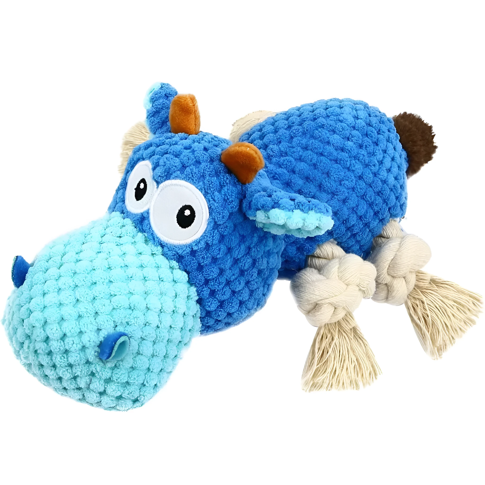 Blue plush dog toy with reinforced seams for aggressive chewers, designed for large breeds like Labrador Retrievers
