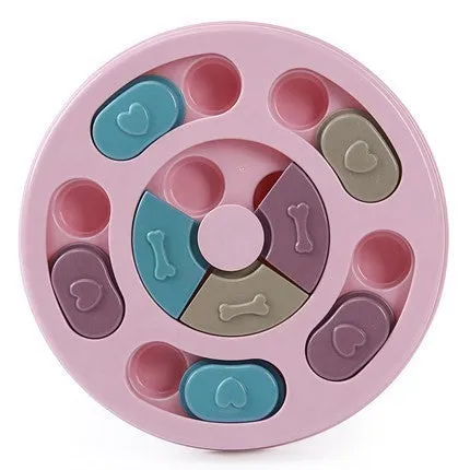 Blue dog puzzle toy with sliding parts on a wooden floor, suitable for small dogs and cats