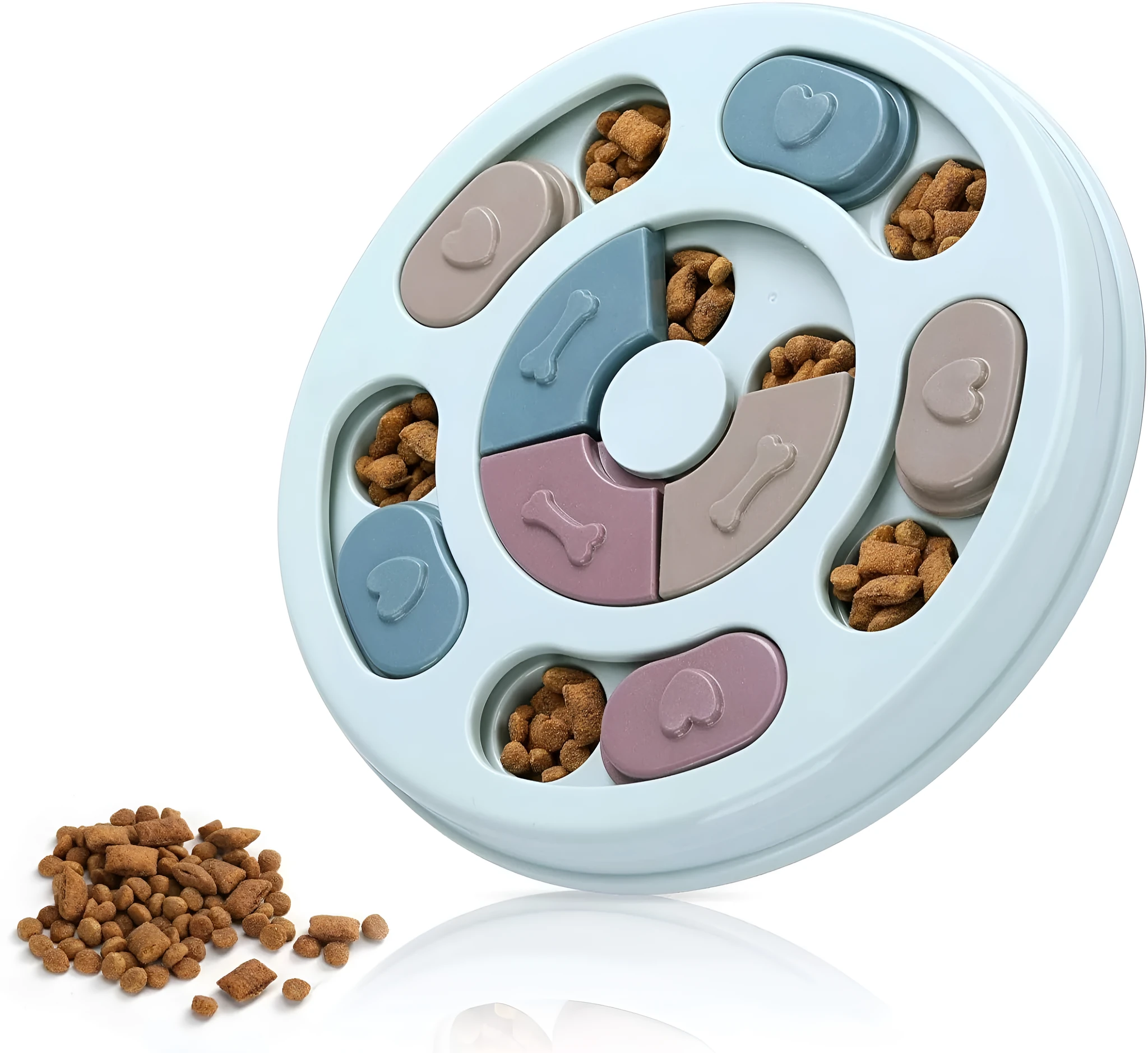Blue dog puzzle toy with sliding parts on a wooden floor, suitable for small dogs and cats
