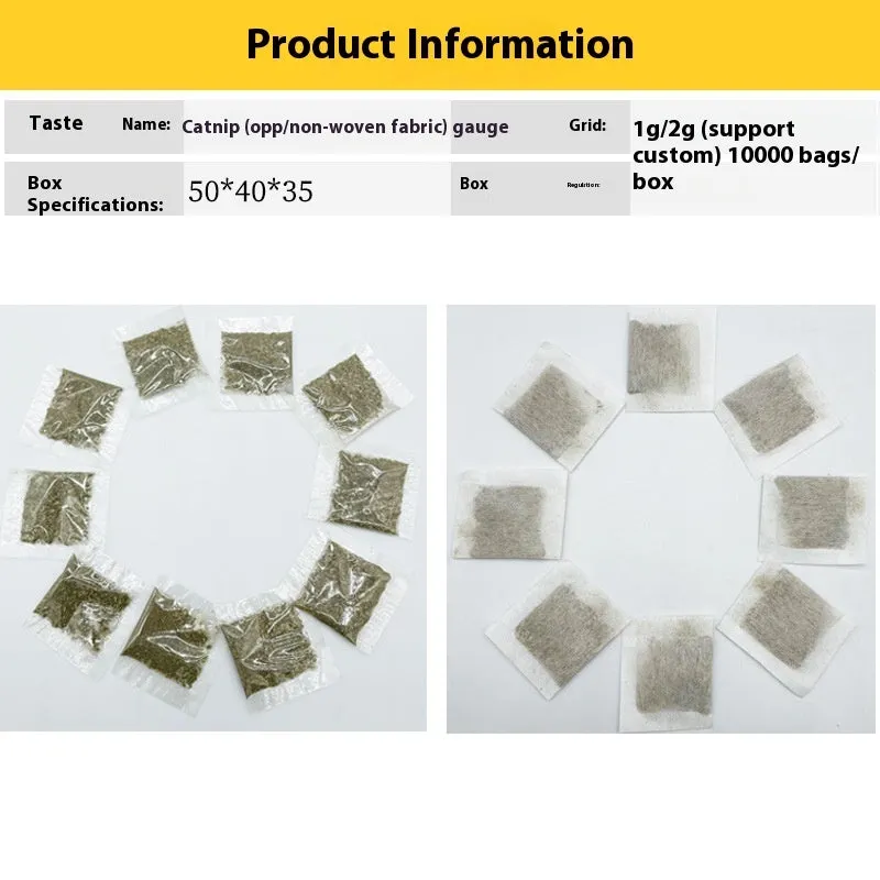 Catnip tea bag 1 gram in non-woven fabric pouch with catnip leaves visible inside