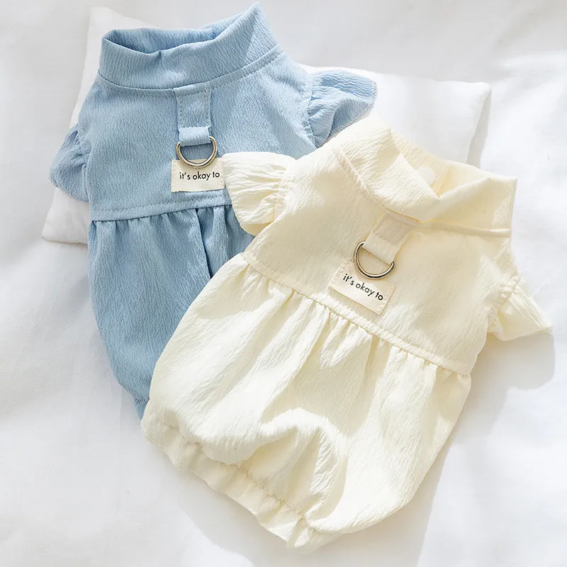 Solid colour polyester flying sleeve dress for small dog in Bondi Blue with cloth label