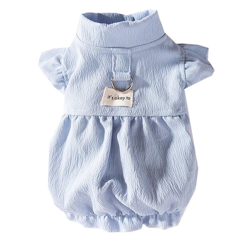 Solid colour polyester flying sleeve dress for small dog in Bondi Blue with cloth label