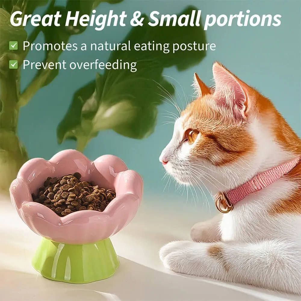 Pink ceramic raised cat bowl with wide shallow design, slanted angle, and flower shape on non-slip base