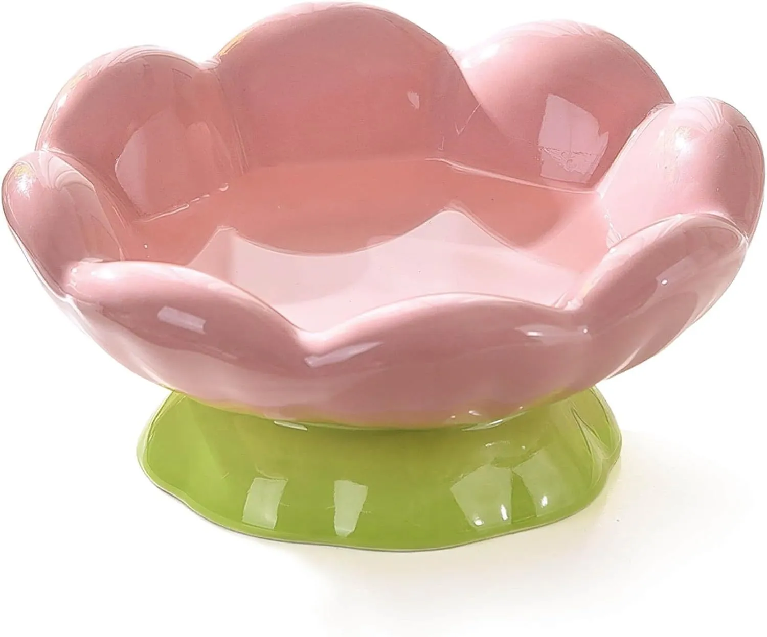 Pink ceramic raised cat bowl with wide shallow design, slanted angle, and flower shape on non-slip base