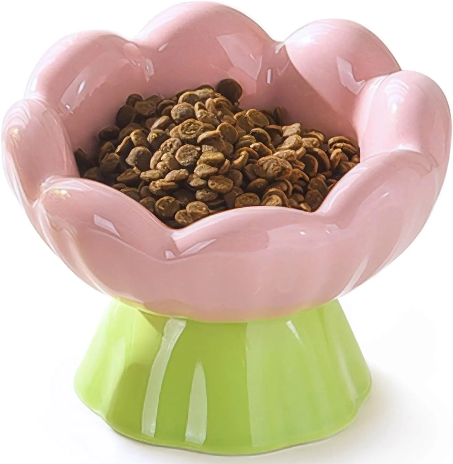 Pink ceramic raised cat bowl with wide shallow design, slanted angle, and flower shape on non-slip base