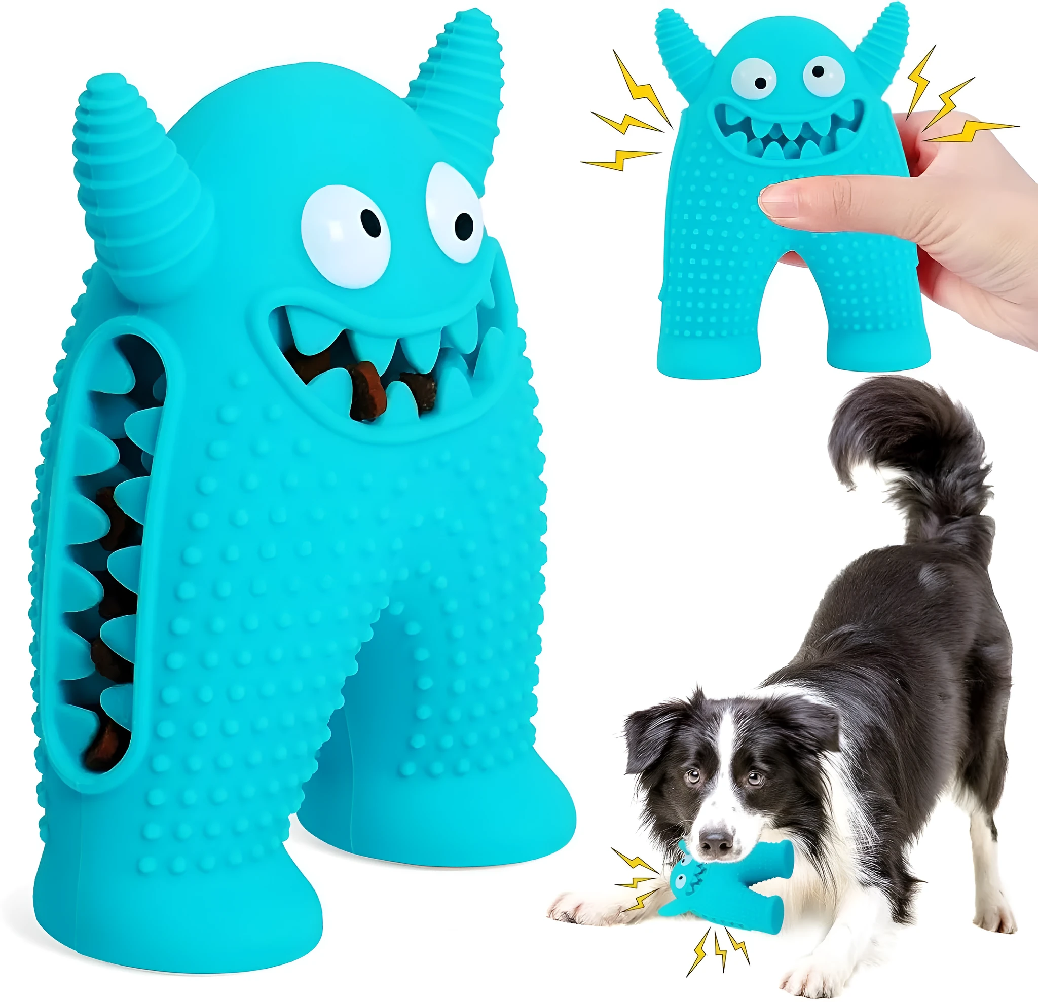 Monster-shaped squeaky dog toy made of natural rubber with tooth slot for cleaning teeth during chew play for small dogs