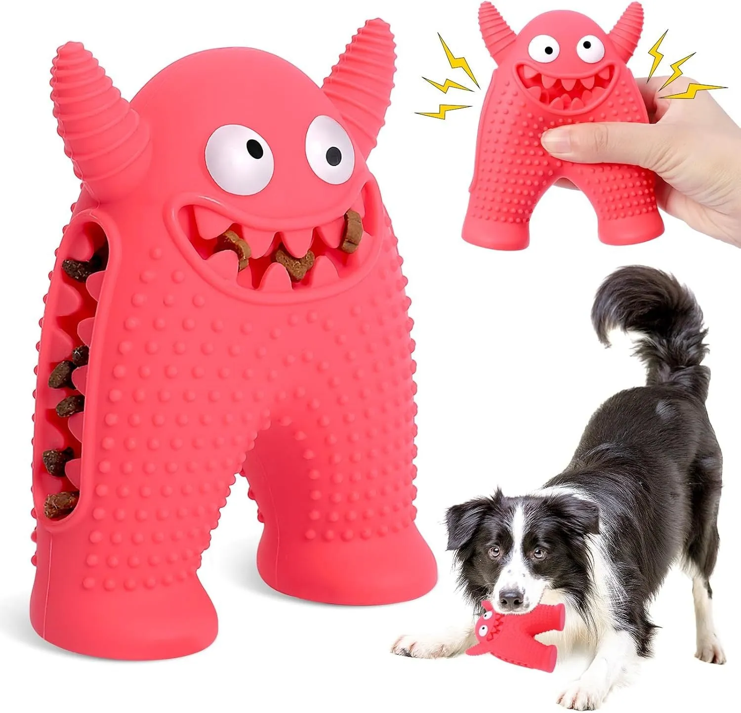 Monster-shaped squeaky dog toy made of natural rubber with tooth slot for cleaning teeth during chew play for small dogs