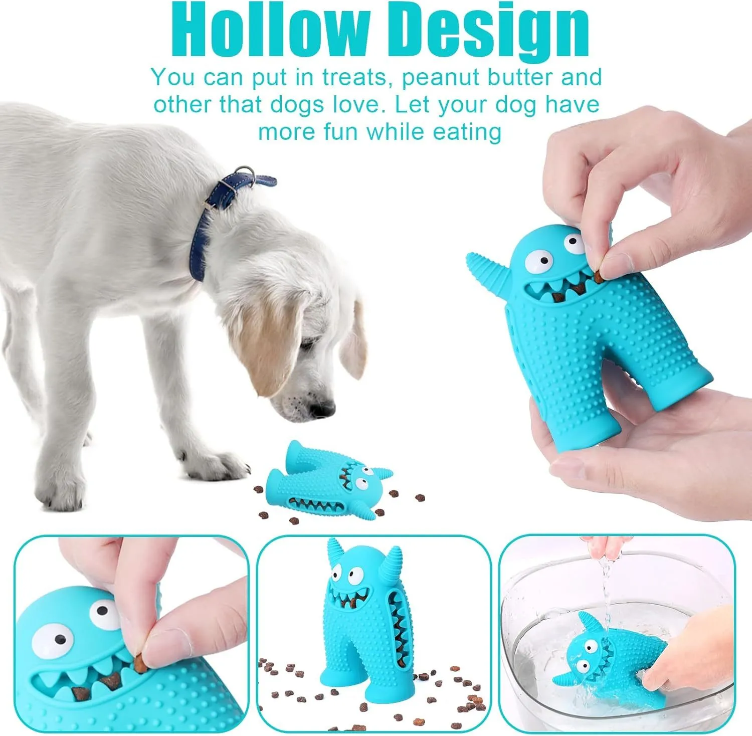 Monster-shaped squeaky dog toy made of natural rubber with tooth slot for cleaning teeth during chew play for small dogs