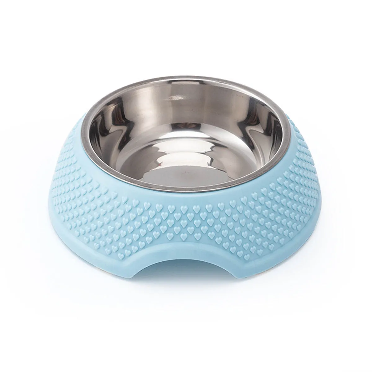 Blue stainless steel pet bowl with non-slip base on a floor.