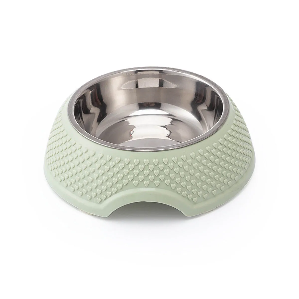 Blue stainless steel pet bowl with non-slip base on a floor.