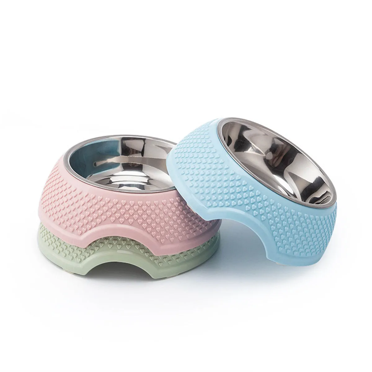 Blue stainless steel pet bowl with non-slip base on a floor.