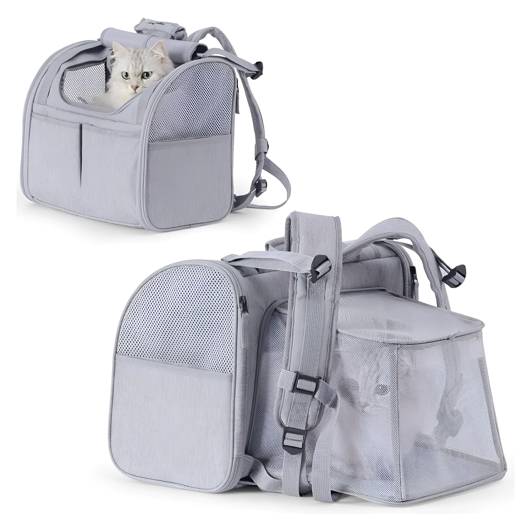 Gray expandable breathable cat backpack made of Oxford material with 55L capacity for outdoor pet travel