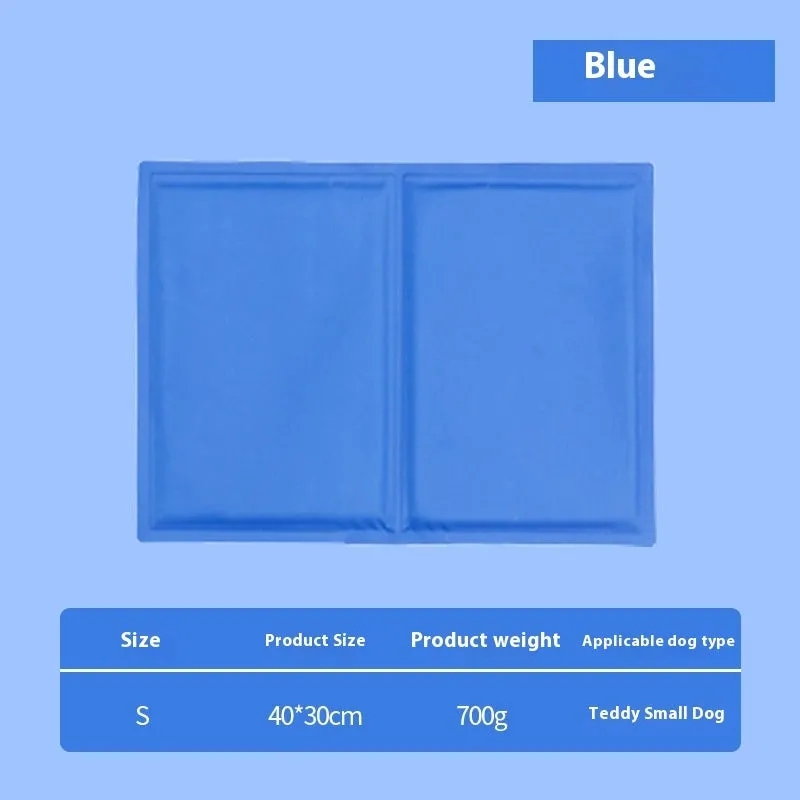 Sapphire blue cool gel summer pet ice mat made from PVC composite fabric, 50x90cm size, with dog lying on it