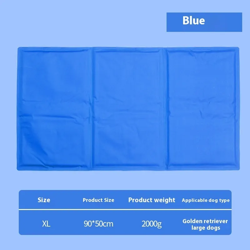 Sapphire blue cool gel summer pet ice mat made from PVC composite fabric, 50x90cm size, with dog lying on it