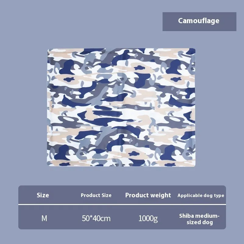 Sapphire blue cool gel summer pet ice mat made from PVC composite fabric, 50x90cm size, with dog lying on it