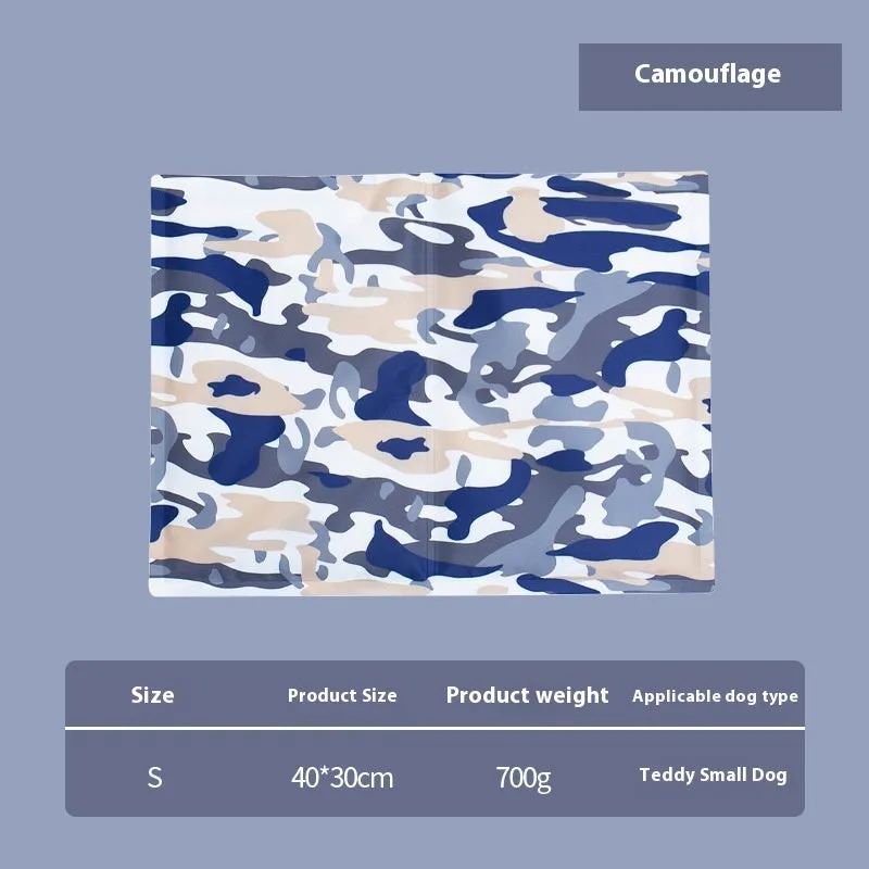 Sapphire blue cool gel summer pet ice mat made from PVC composite fabric, 50x90cm size, with dog lying on it