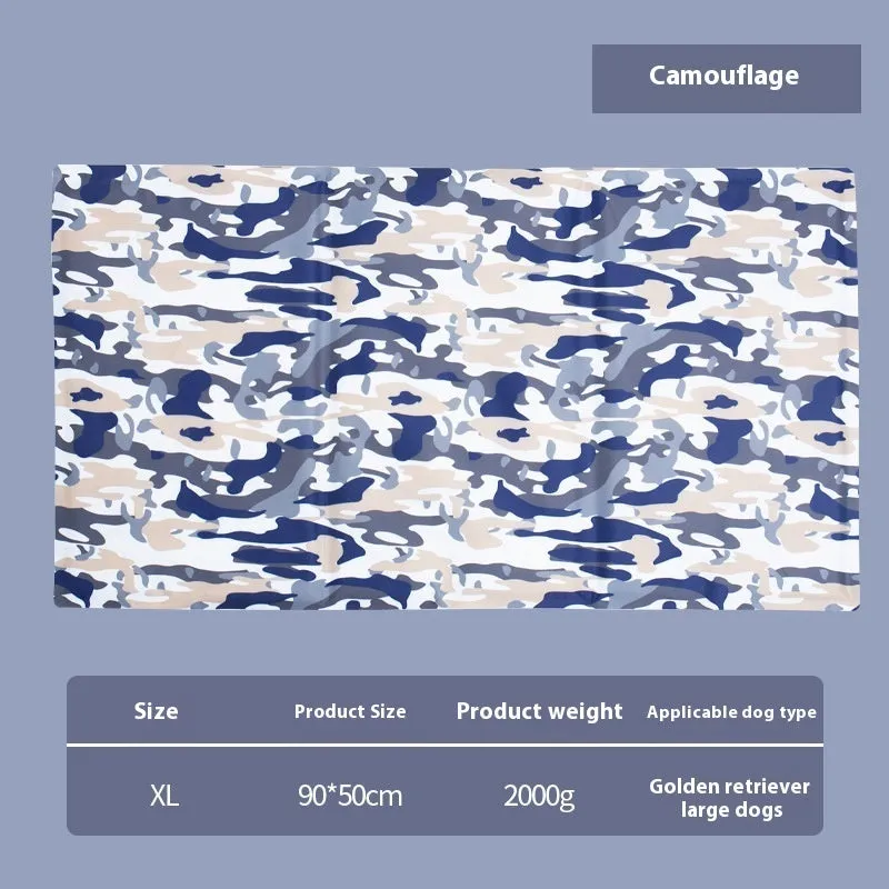 Sapphire blue cool gel summer pet ice mat made from PVC composite fabric, 50x90cm size, with dog lying on it