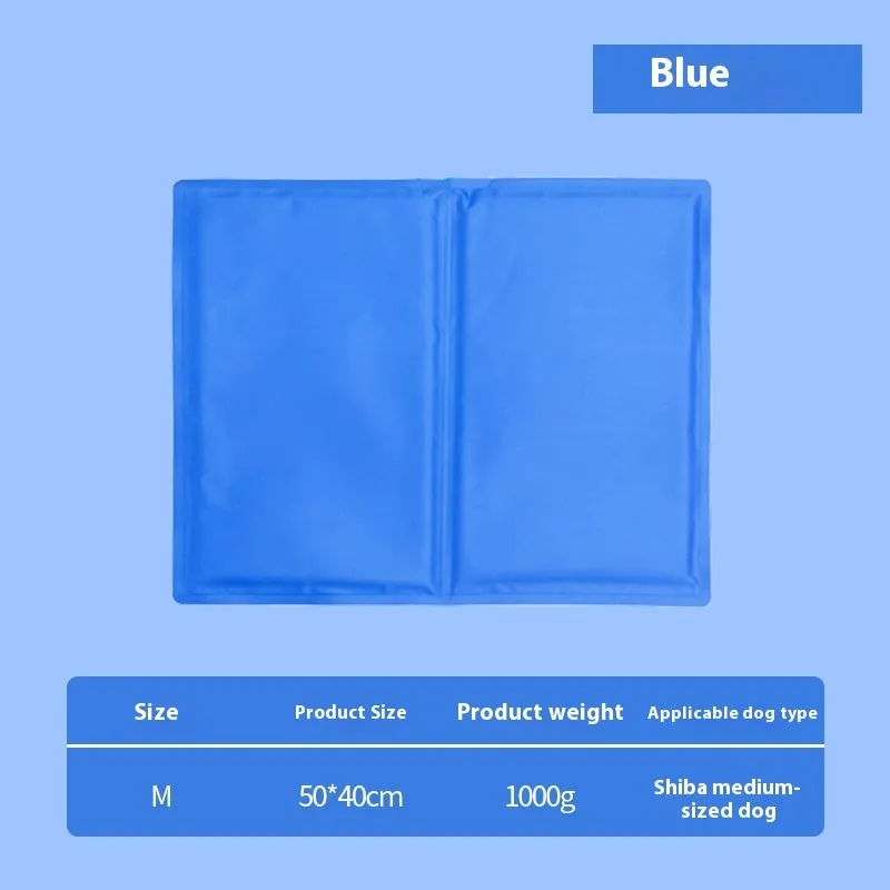 Sapphire blue cool gel summer pet ice mat made from PVC composite fabric, 50x90cm size, with dog lying on it