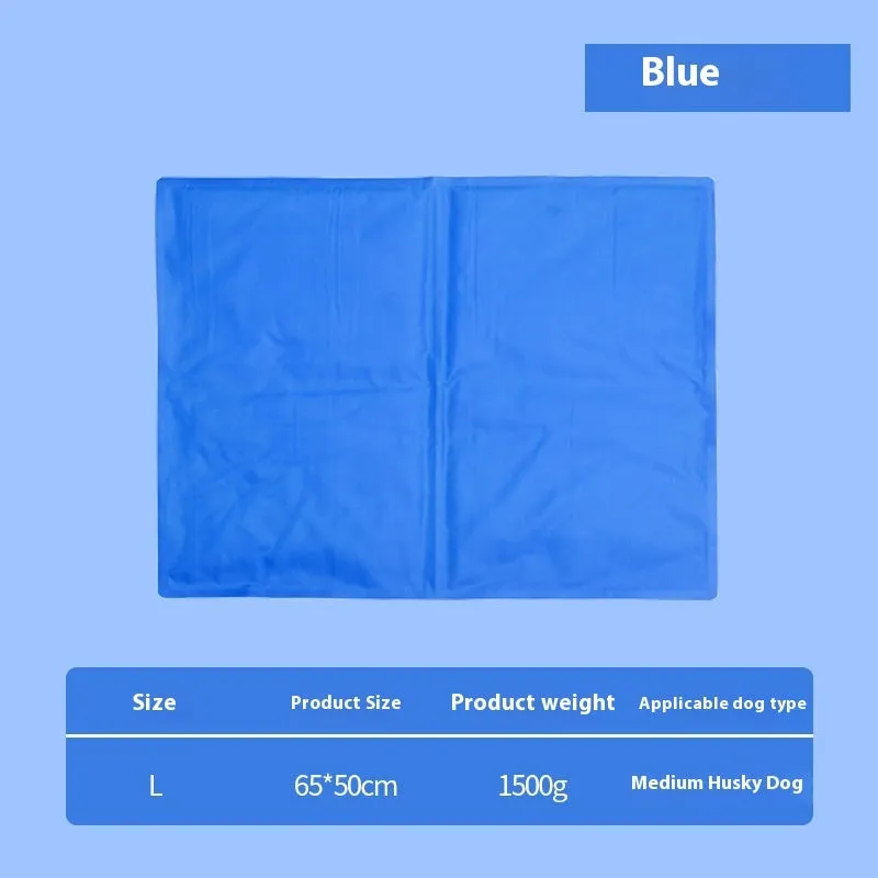 Sapphire blue cool gel summer pet ice mat made from PVC composite fabric, 50x90cm size, with dog lying on it