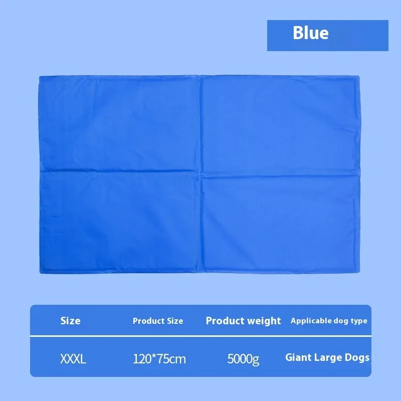 Sapphire blue cool gel summer pet ice mat made from PVC composite fabric, 50x90cm size, with dog lying on it