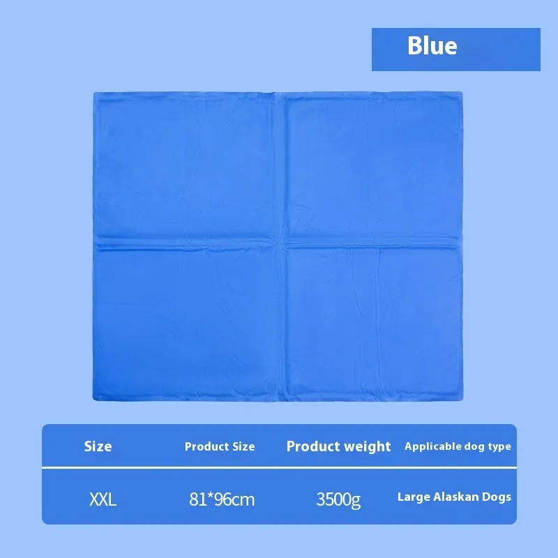 Sapphire blue cool gel summer pet ice mat made from PVC composite fabric, 50x90cm size, with dog lying on it