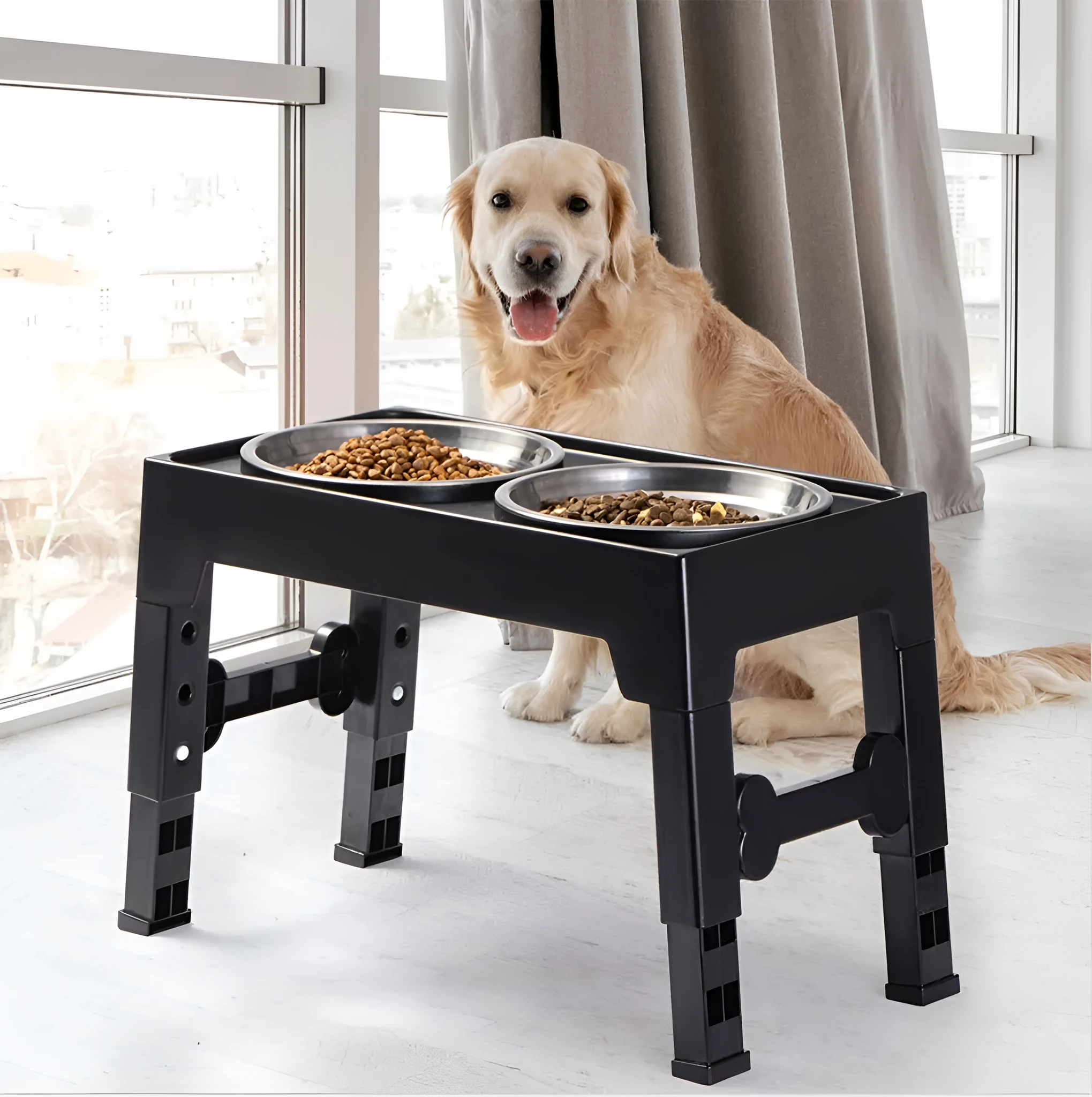 Black plastic lifting feeding bowl with stainless steel slow feeding bowl for medium to large dogs
