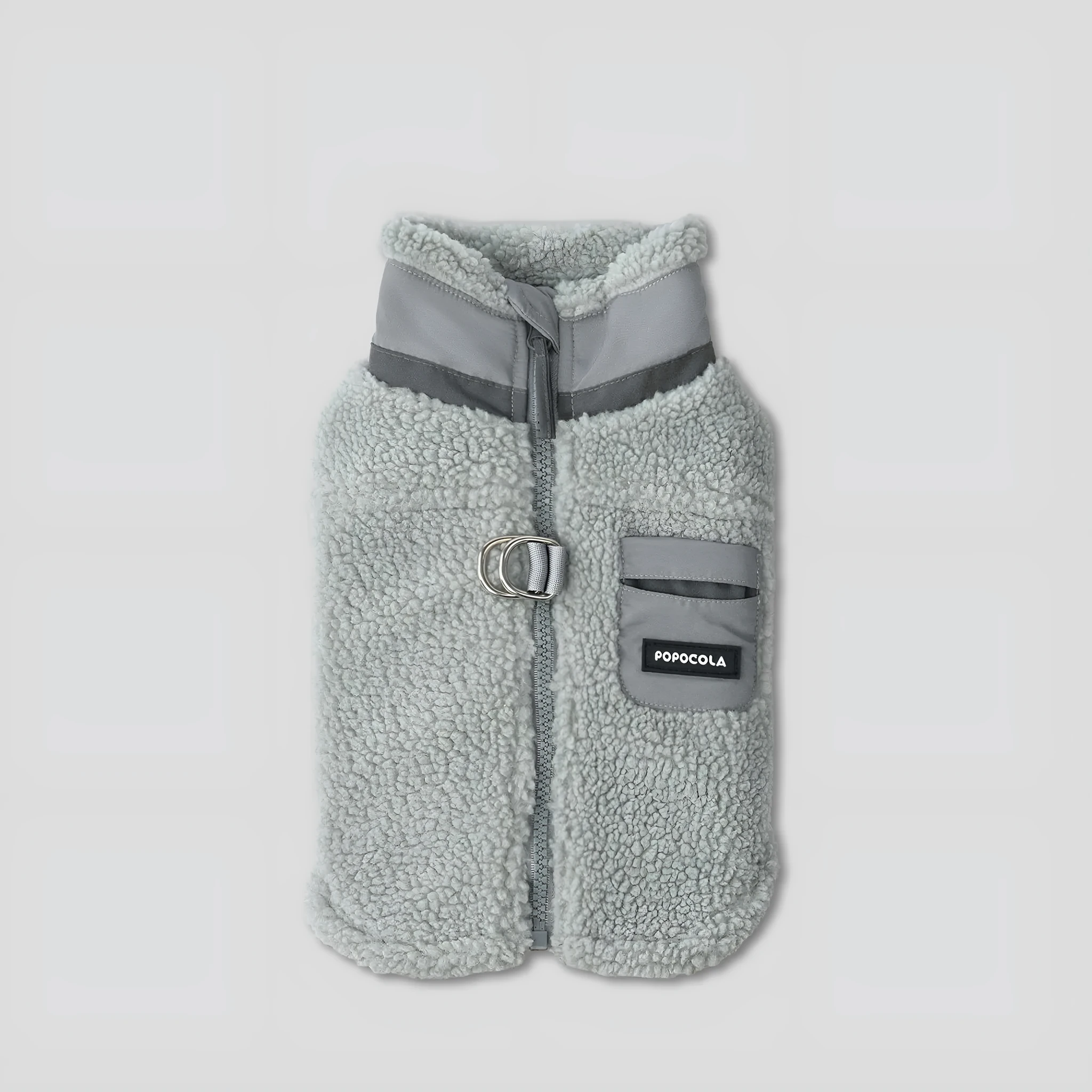Grey lambswool traction vest for small to extra large dogs, front view