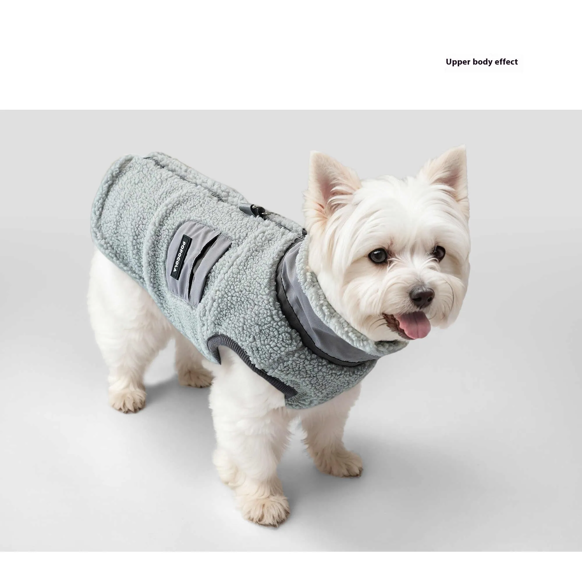 Grey lambswool traction vest for small to extra large dogs, front view