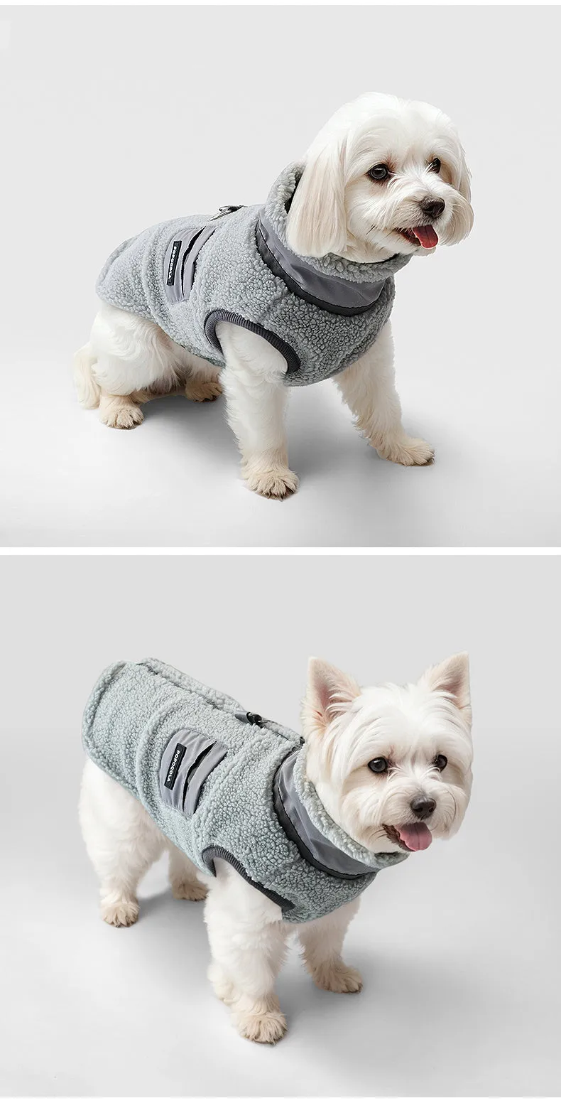 Grey lambswool traction vest for small to extra large dogs, front view