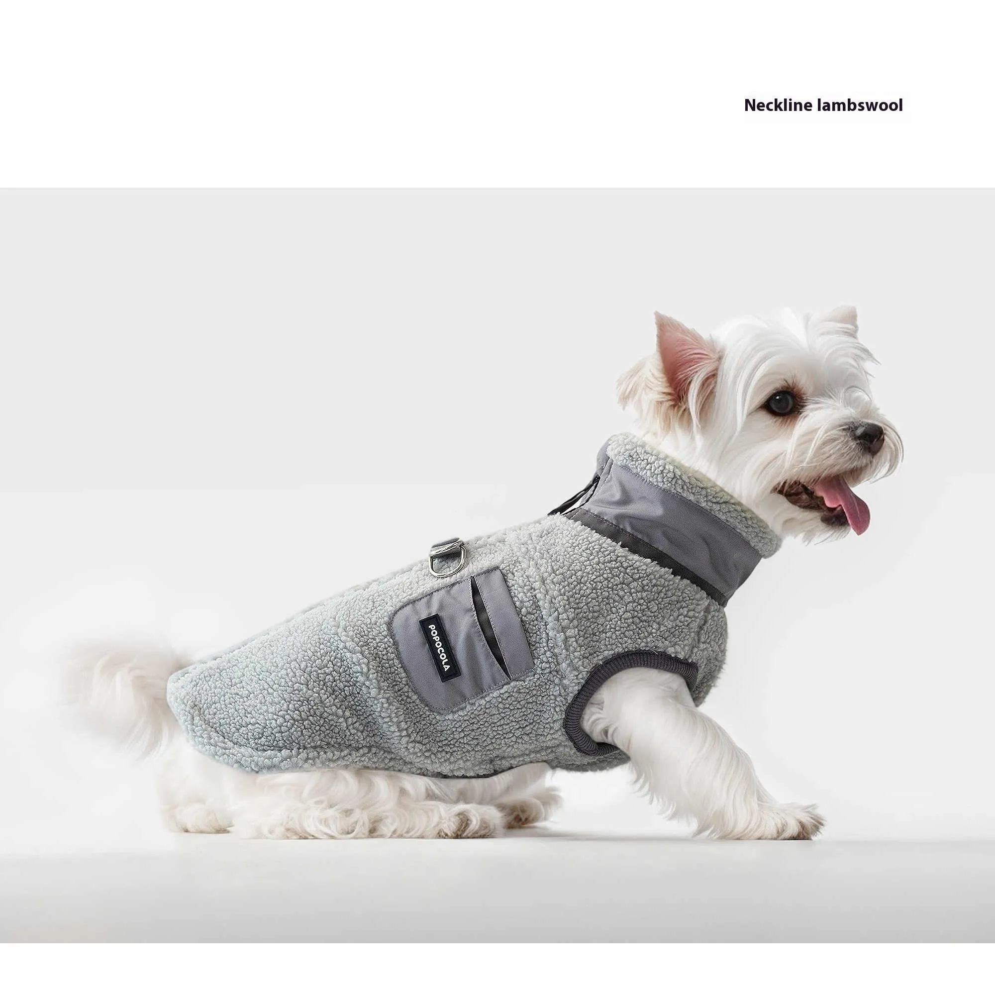 Grey lambswool traction vest for small to extra large dogs, front view