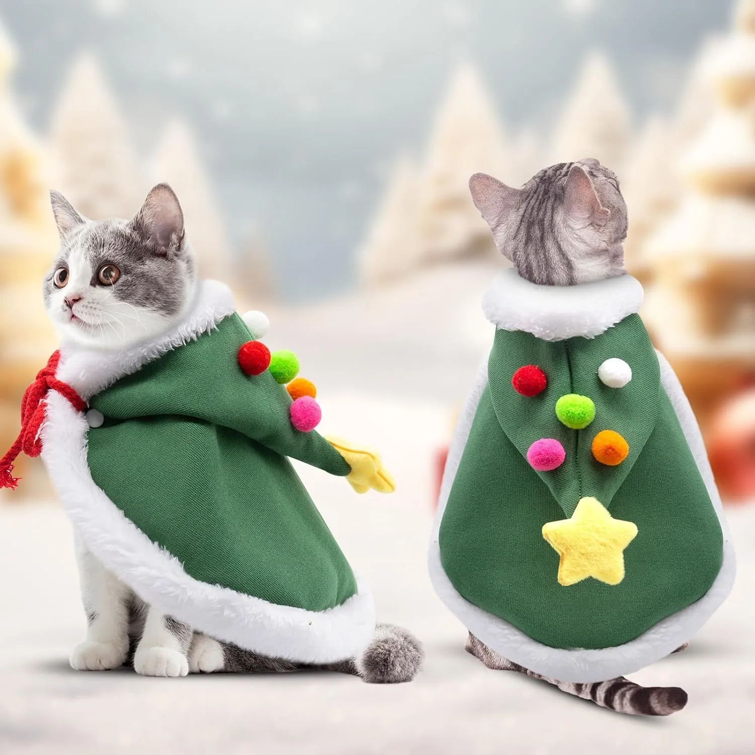 Cat Christmas cape with velvet stars hat in green, adjustable ties, side view on a cat