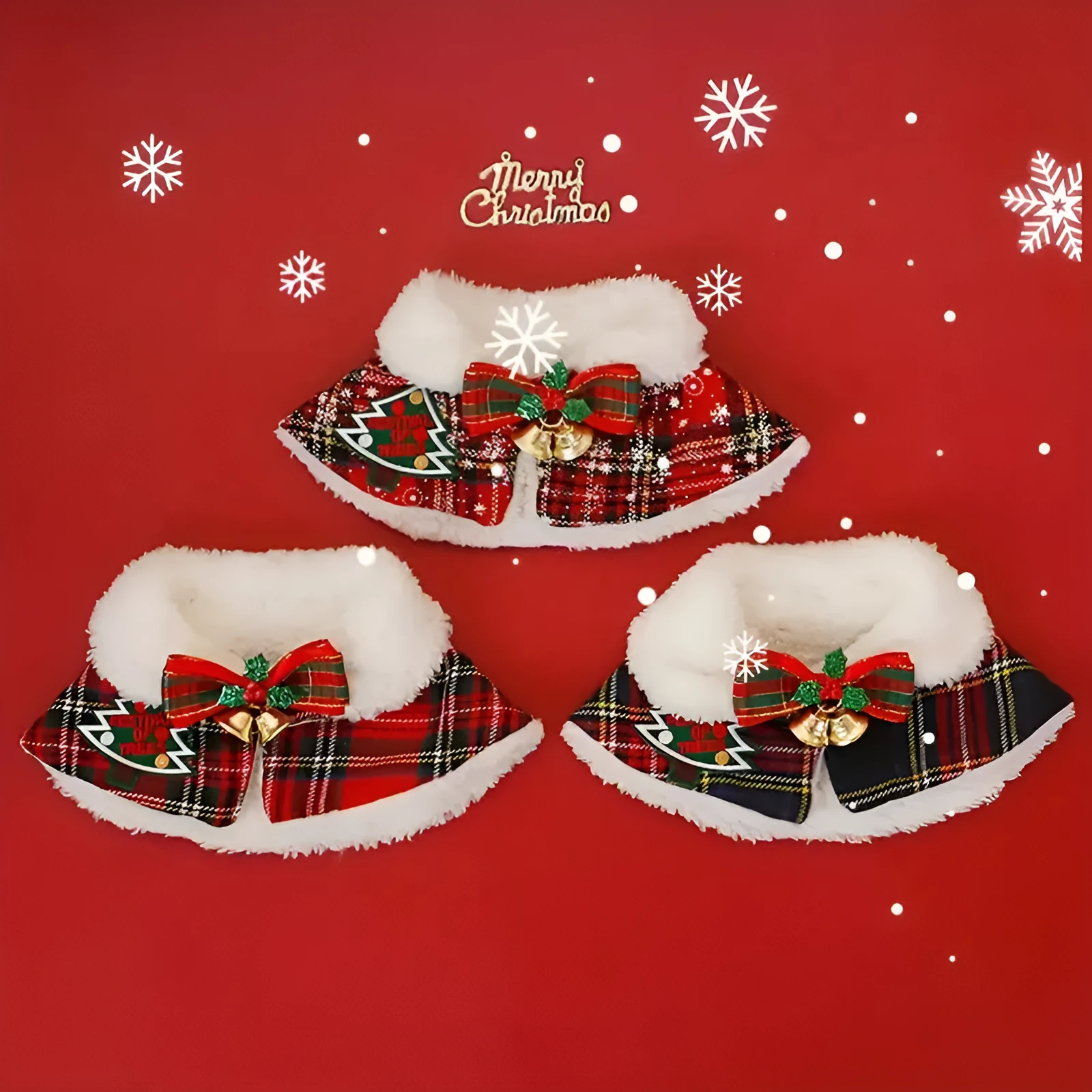 Red festive pet scarf with bell design on a dog, showing the polyester material and cloak-style fit.