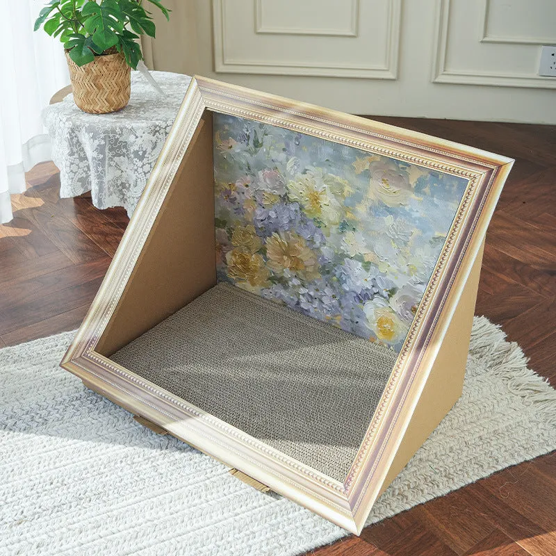 Corrugated paper cat scratch board nest with oil painting style European decoration in Valley colour option