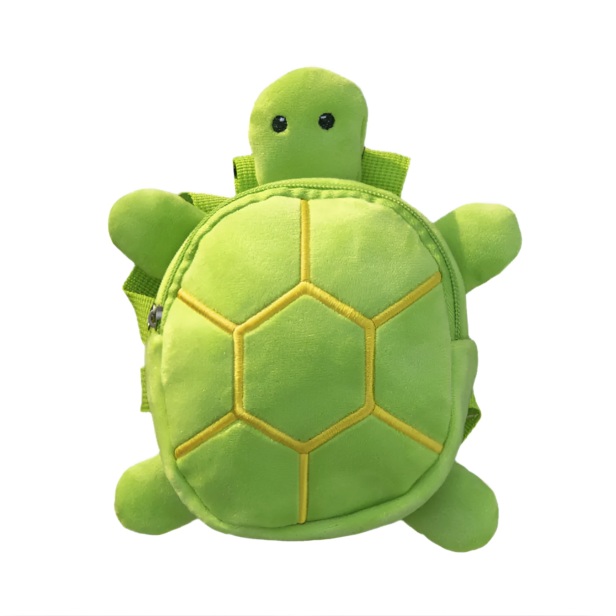 Turtle-shaped dog backpack harness in green colour with metal zipper