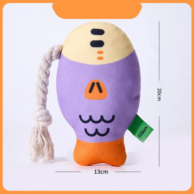 Plush squeaky puffhead fish dog toy in green, purple and yellow colours with wear-resistant fabric